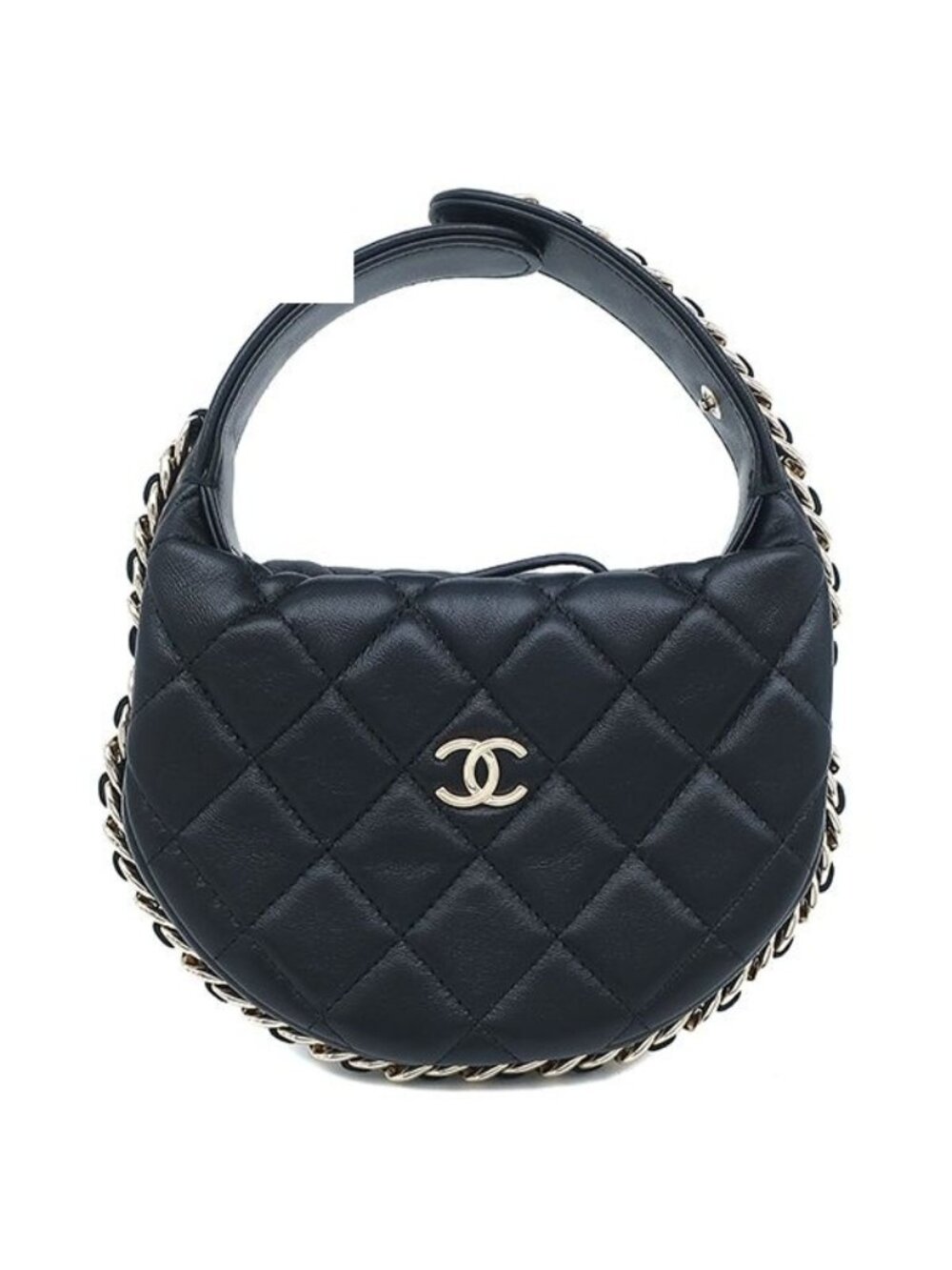 Chanel Quilted Pouch Lambskin Black Champagne Gold CC Logo Mini Bag Chain